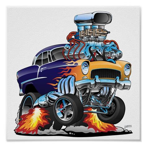 Classic Fifties Hot Rod Muscle Car Cartoon Poster Zazzle Car Cartoon Cartoon Car Drawing