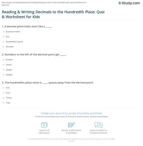 Reading And Writing Decimals To The Hundredth Place Quiz And Worksheet For