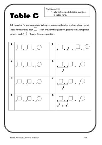 Multiplying And Dividing Index Numbers Worksheet