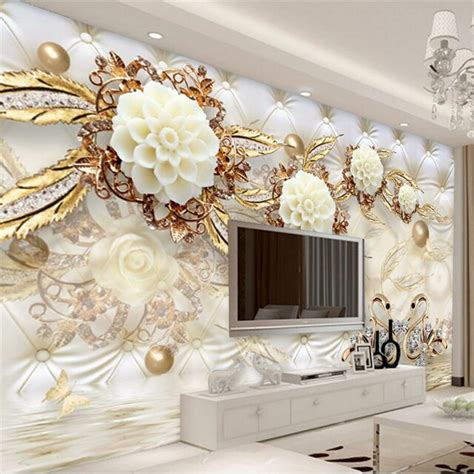 Beibehang Custom Photo Wallpaper 3d Luxury Gold White Flower Soft Bag