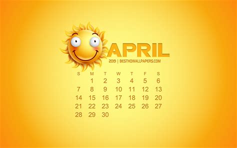 Download Wallpapers 2019 April Calendar Creative Art Yellow