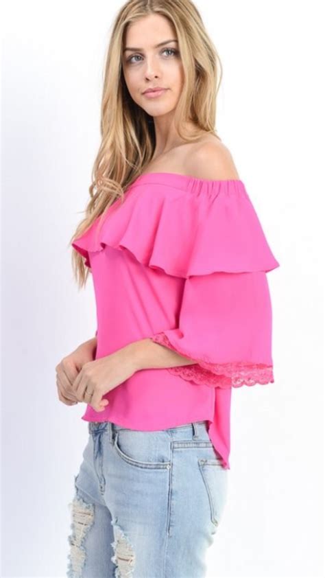 Hot Pink Off The Shoulder Top Wlace Trim Lace Trim Tops Hot Pink