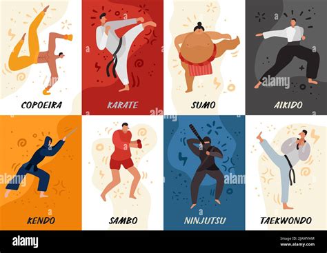 Set Of Flat Cards Fighters Of Various Martial Arts During Exercise