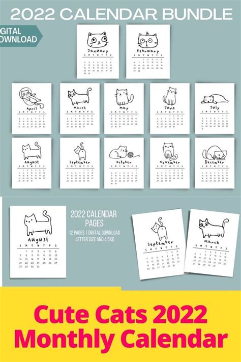 Cute Cats 2022 Monthly Calendar 2022 Calendar Printable Cute Etsy In