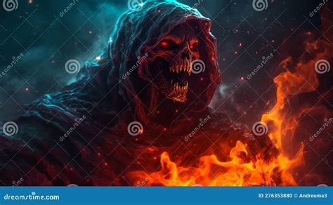 Scary Grim Reaper In The Dark With Fire And Smoke Stock Illustration