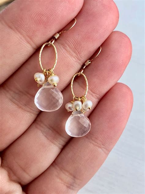 Rose Quartz And Pearl Earrings Pink And White Teardrop Etsy