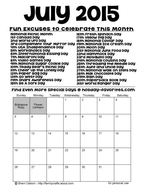 Printable July 2015 Special Days Calendar Holiday Favorites