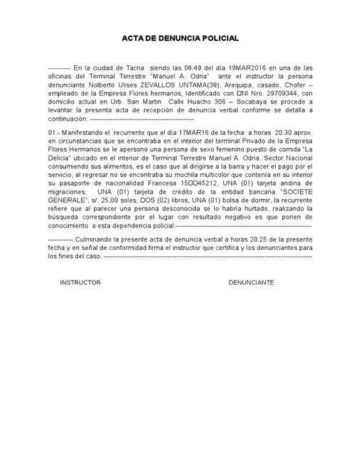 Acta De Denuncia Policial 23feb2016 Pdf Coleccionar Servicios Financieros