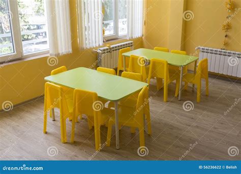 Kindergarten Classroom With Small Chairs And Tables Stock Photo Image