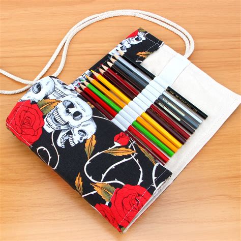 T 364872 Holes Skull Canvas Roll Up Pencil Case Pen Pouch Painting