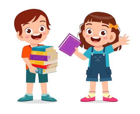 Feliz Lindo Niño Niño Y Niña Llevan Pila De Libros Vector Premium