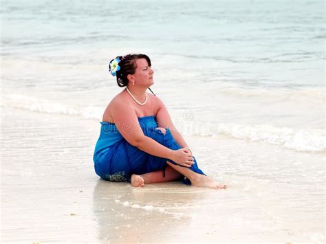Overweight Woman On Beach With Hands Up Stock Photo Image Of Large