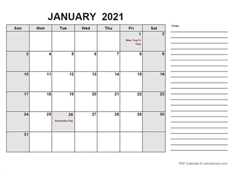 2021 Calendar With Australia Holidays Pdf Free Printable Templates