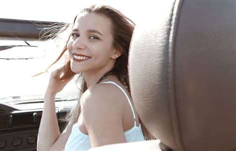 Happy Woman Sitting On Passenger Seat In Car Stock Image Image Of Adventure Back 198702893