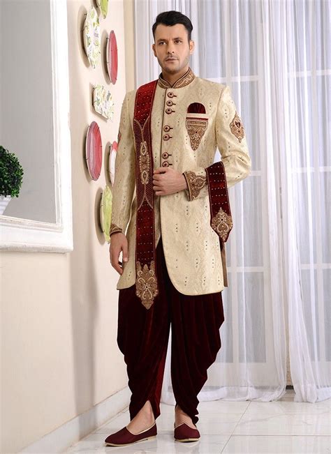 Designer Cream Jacquard Embroidered Groom Wear Sherwani Traditional