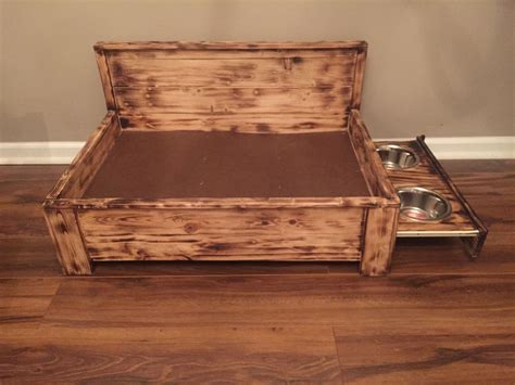 Rustic Wood Dog Bed With Pull Out Feeding Station Raised Dog Bed With