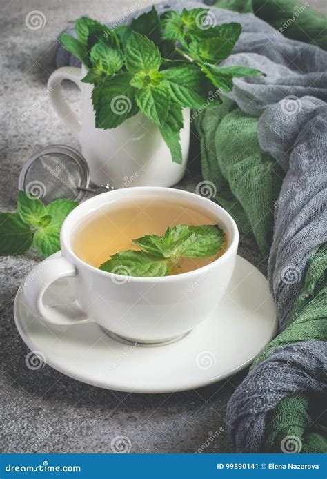 Natural Mint Tea And Fresh Mint Leaves On A Gray Background Stock Image