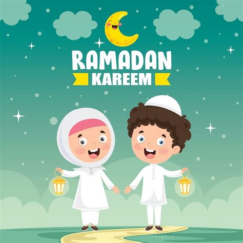 Vector Illustration Of Muslim Kids Celebrating Ramadan Premium Vector
