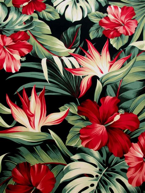 Fabric Red Hibiscus Floral On Black Tropical Hawaii Bird Of Birds Of