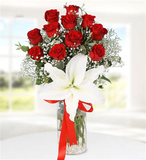 Send Flowers Turkey Red Roses And Lilium In Vase From 77usd