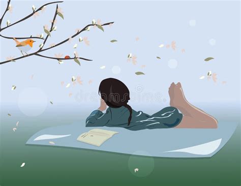 Little Girl Lying Down On Grass Reading A Book Stock Vector