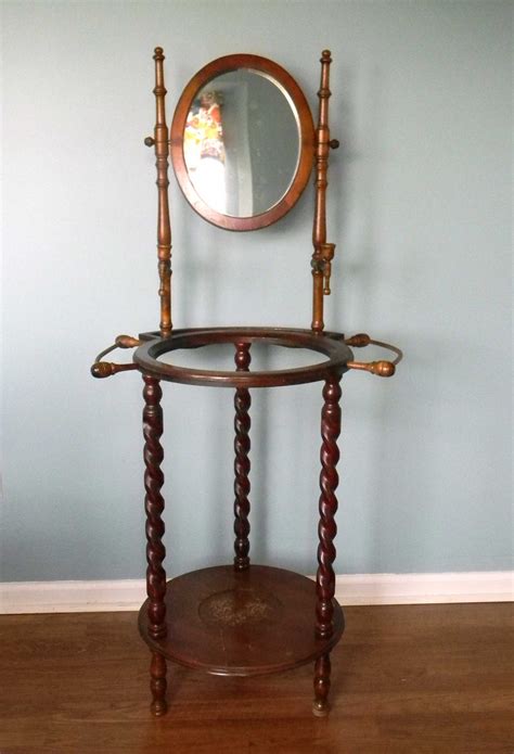 Vintage Wash Stand Wooden With Mirror Candle Holders Towel