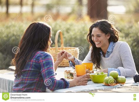 Lesbian Couple Holding Hands Across A Picnic Table Stock Image Image