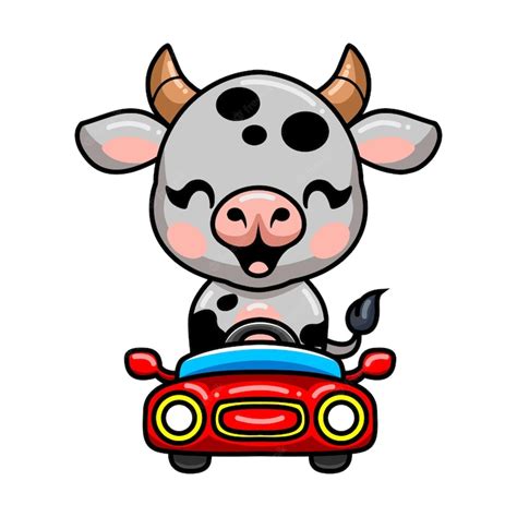 Desenho De Vaca Fofo Dirigindo Um Carro Vermelho Vetor Premium