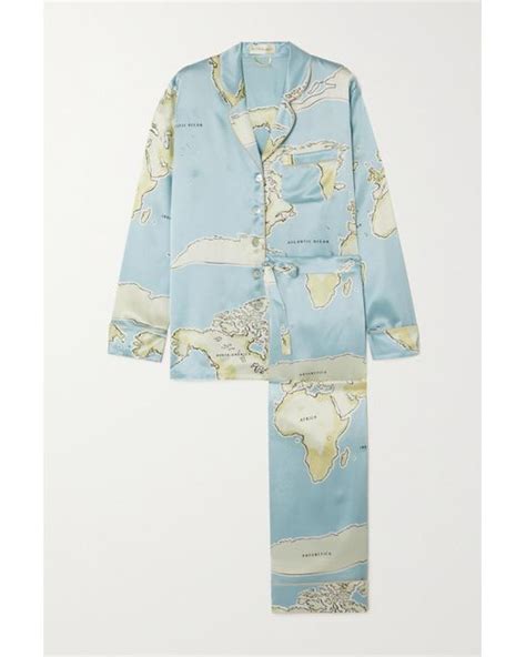 Olivia Von Halle Lila Atlas Printed Silk Satin Pajama Set In Blue Lyst