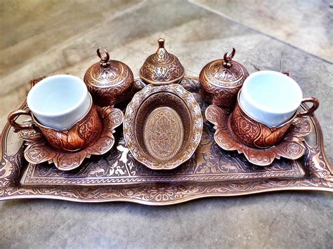 Copper Turkish Coffee Espresso Set Serving Plate Tray With Coffee