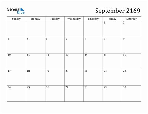 September 2169 Monthly Calendar