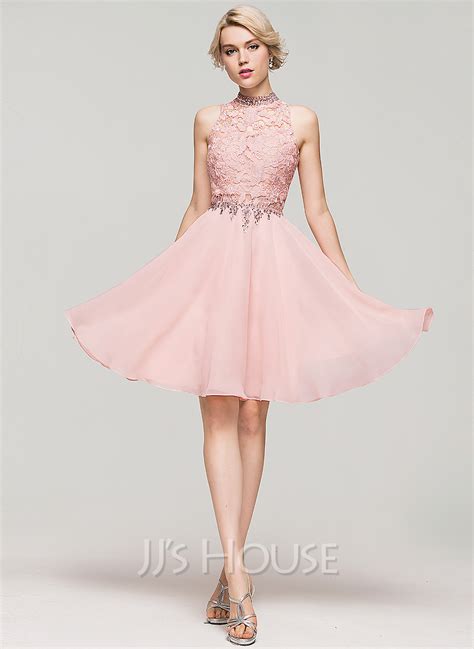 A Lineprincess High Neck Knee Length Chiffon Cocktail Dress With Beading Sequins 016091229