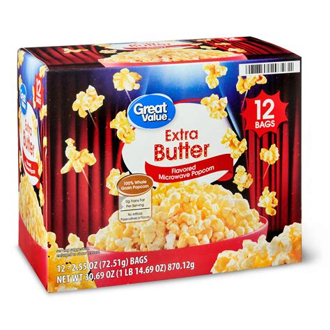 Great Value Extra Butter Flavored Microwave Popcorn 255 Oz 12 Count