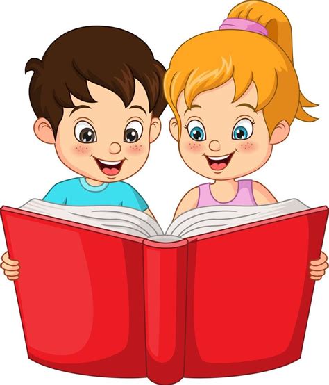 Cute Little Boy And Girl Students Reading A Book 5112728 Vector Art At