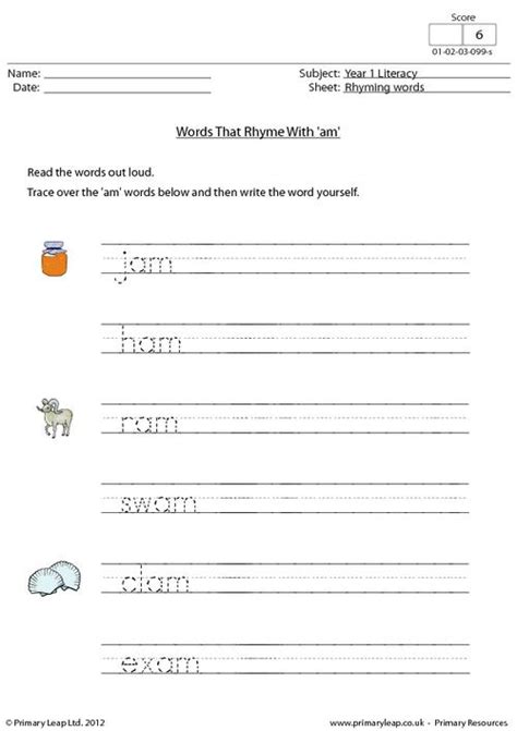 Literacy Words That Rhyme With Am Worksheet Uk