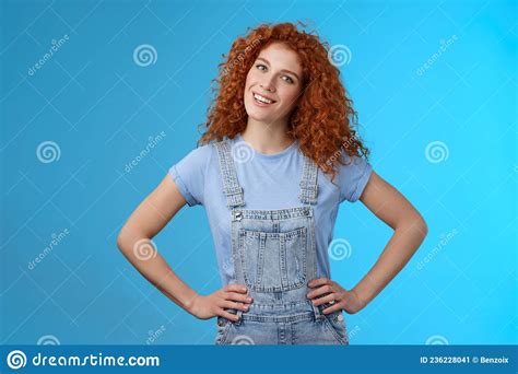Cheerful Motivated Accomplished Attractive Redhead Curly Haired Ginger Girl Hold Hands Waist