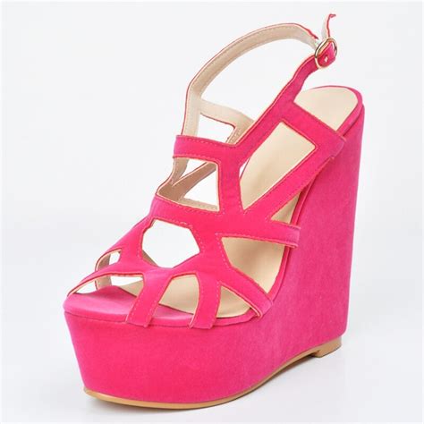 Hot Pink Faux Suede Women Sandals Wedges Heel Platform Open Toe Cut Out