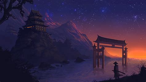 Stars Night Fantasy Art Landscape Digital Art Sunset Anime Hd