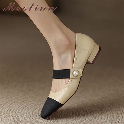 Meotina Women Mary Janes Shoes Genuine Leather Flat Shoes Square Toe
