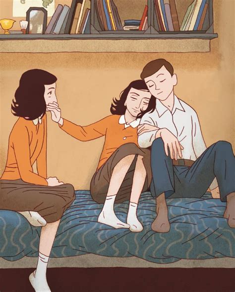an illustration of three people sitting on a bed with bookshelves in the background