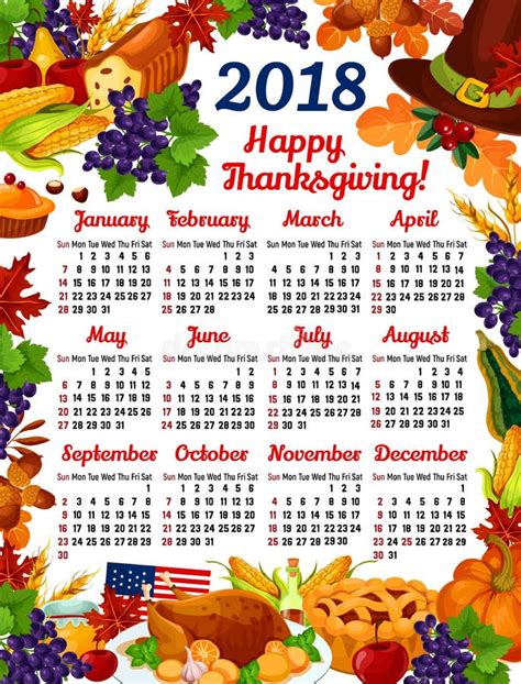 Thanksgiving Day Vector Calendar 2018 Stock Vector Illustration Of