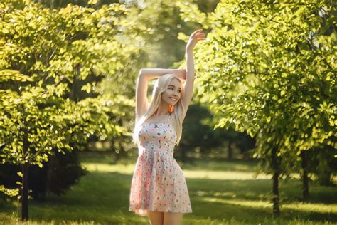 Wallpaper Blonde Armpits Trees Women Outdoors Dress Smiling Portrait Depth Of Field