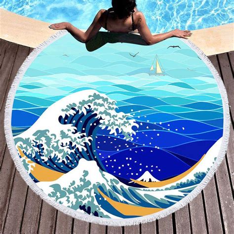 A Woman Swimming In A Pool With An Ocean Scene Round Beach Towel