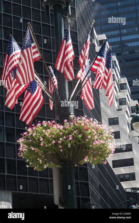 Flags And Flowers On Lamppost On Park Avenue Midtown Manhattan Nyc