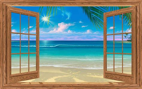 Paradise Beach Natural Wood Paneled Window Mural 3 Sizes Available