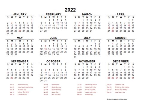 2022 Year At A Glance Calendar With Australia Holidays Free Printable