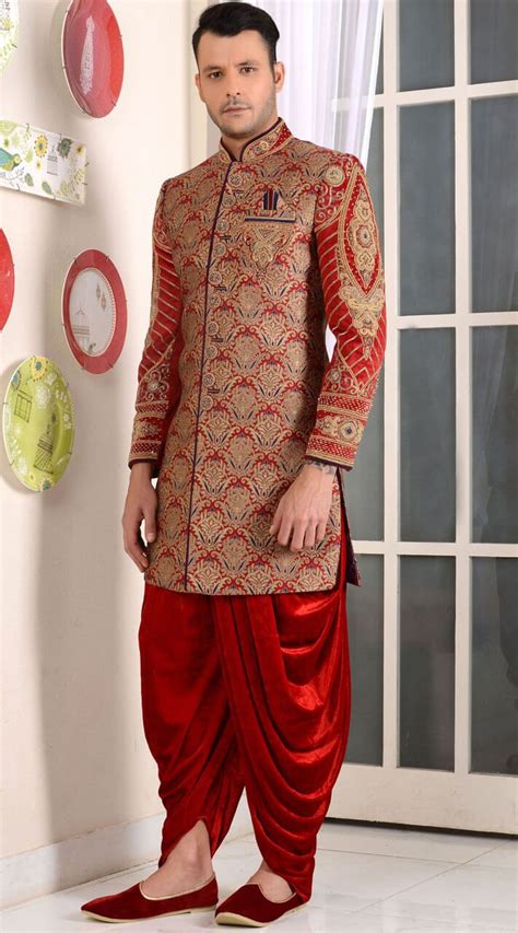 Snazzy Red Jacquard Wedding Dhoti Sherwani Indian Wedding Clothes For