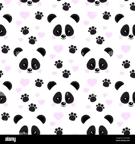 Vector Flat Design Seamless Pattern With Cute Baby Panda Face With Pink