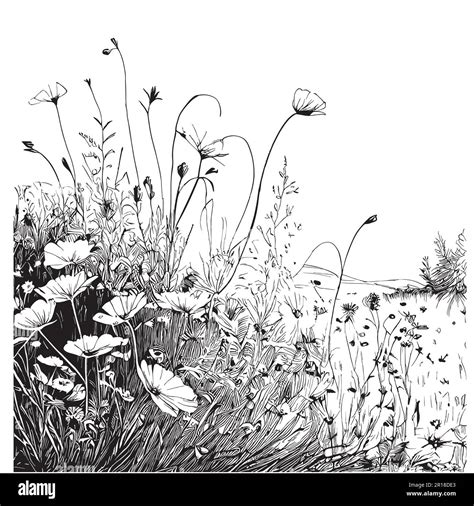 Meadow Wildflowers Hand Drawn Sketch In Doodle Style Illustration Stock