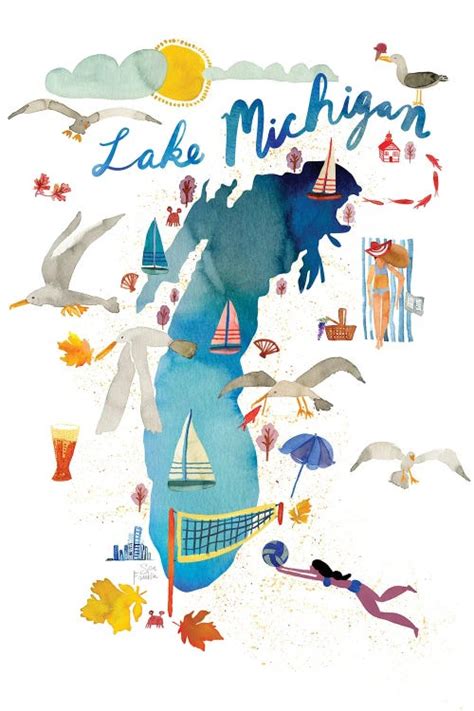 Lake Michigan Map Canvas Art By Sara Franklin Icanvas